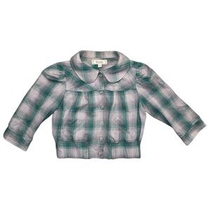 Decree Cropped Plaid Flannel Jacket Peter Pan Collar Teal Green Gray Cottagecore